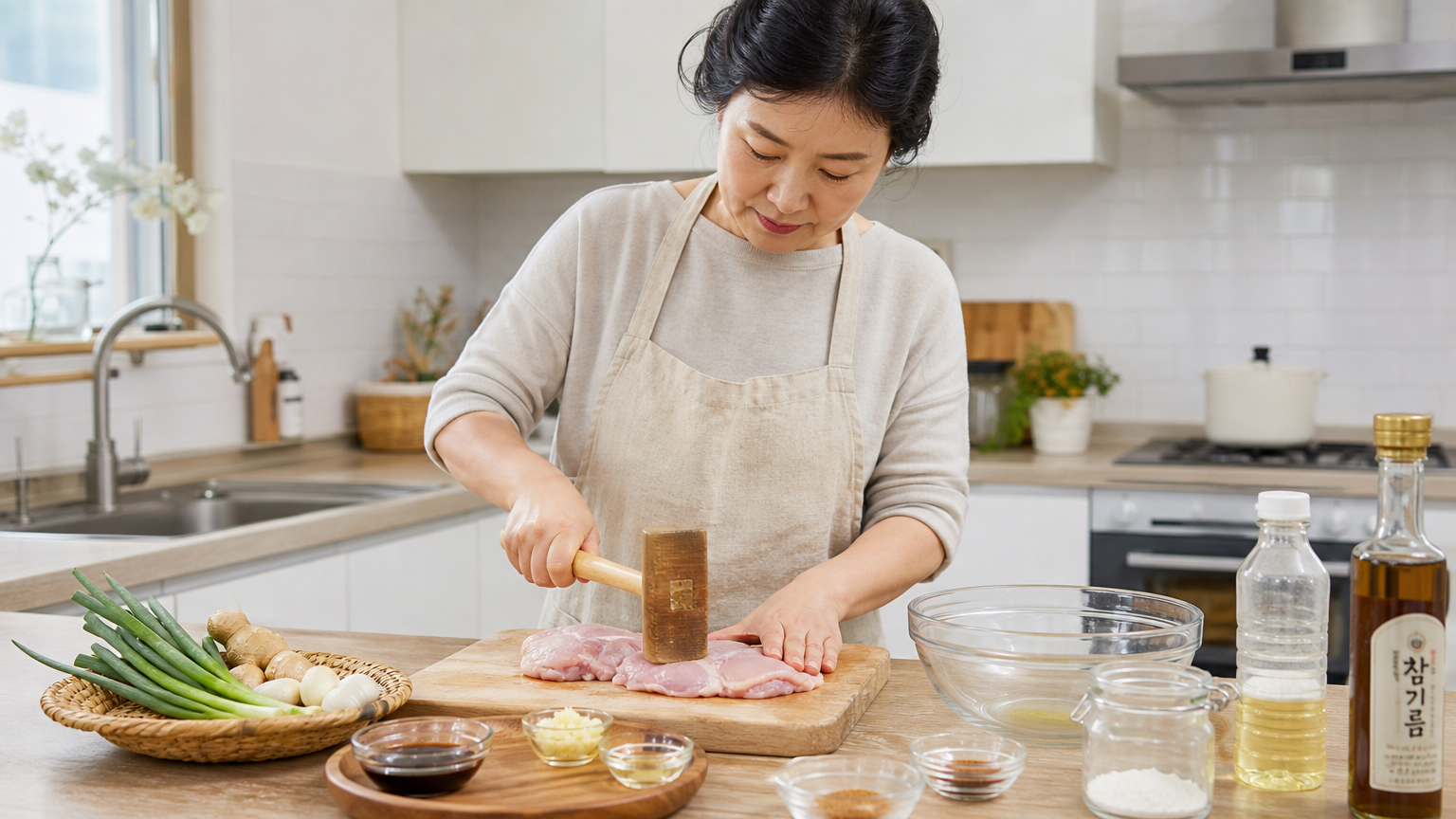 밝은 주방에서 전통적인 방법으로 닭다리살을 연육하는 한국 가정 요리사