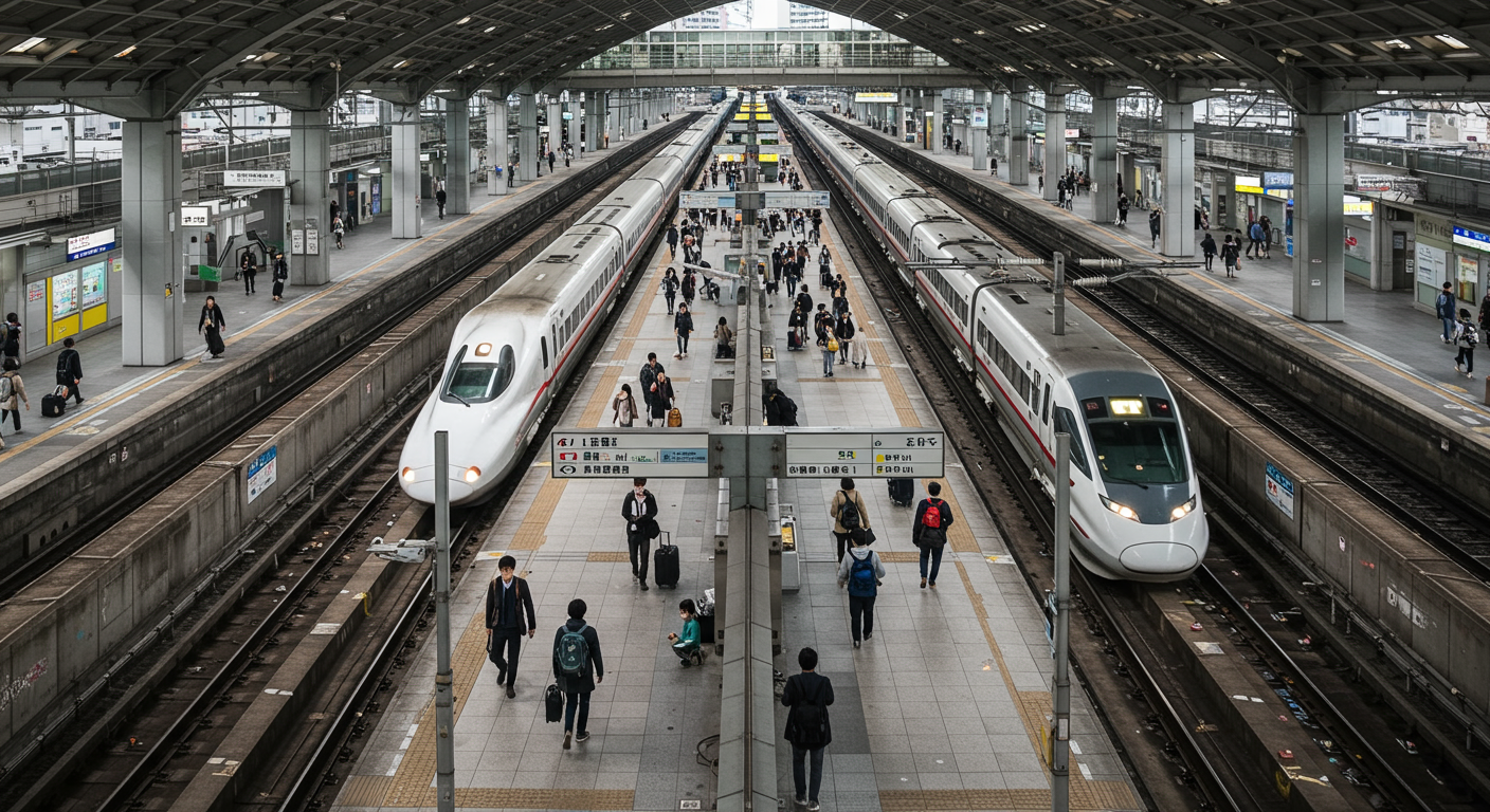다양한 교통수단이 연결된 활기찬 하카타역 모습