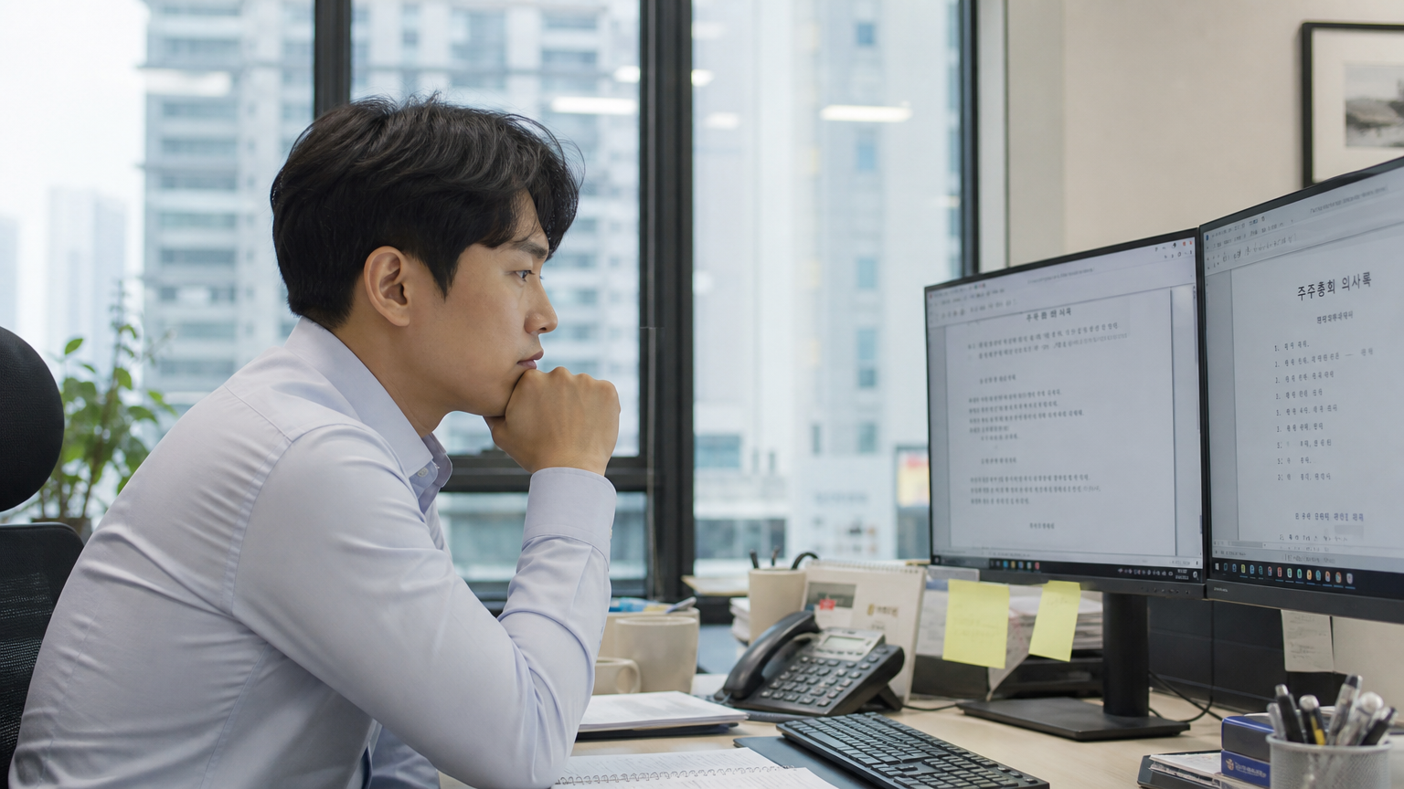 현대 사무실에서 법률 문서를 보며 생각에 잠긴 직장인의 모습