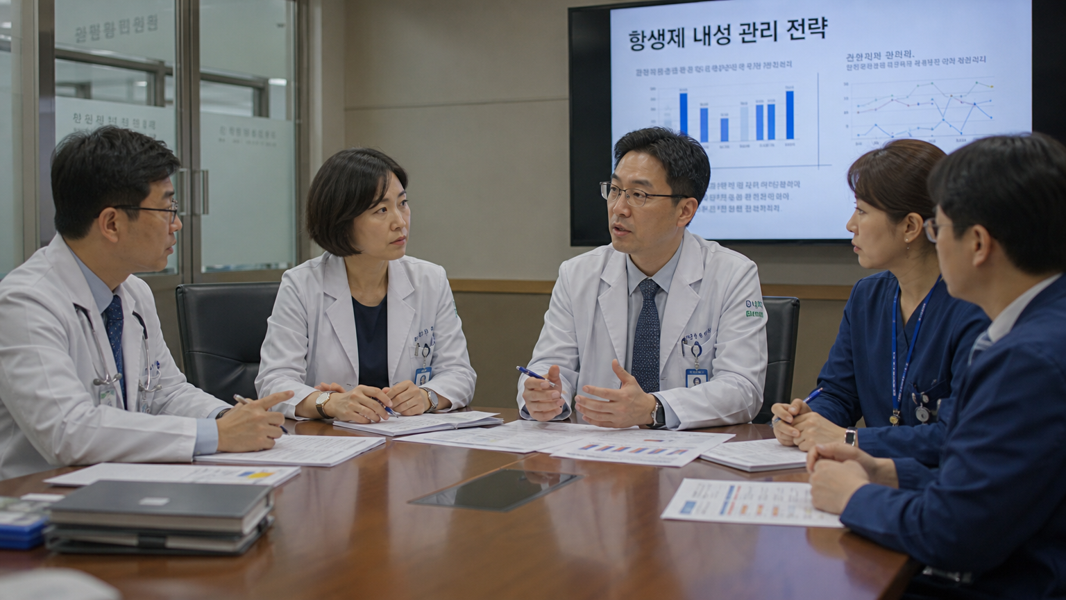 병원에서 항생제 내성 관리를 논의하는 의료진들의 모습