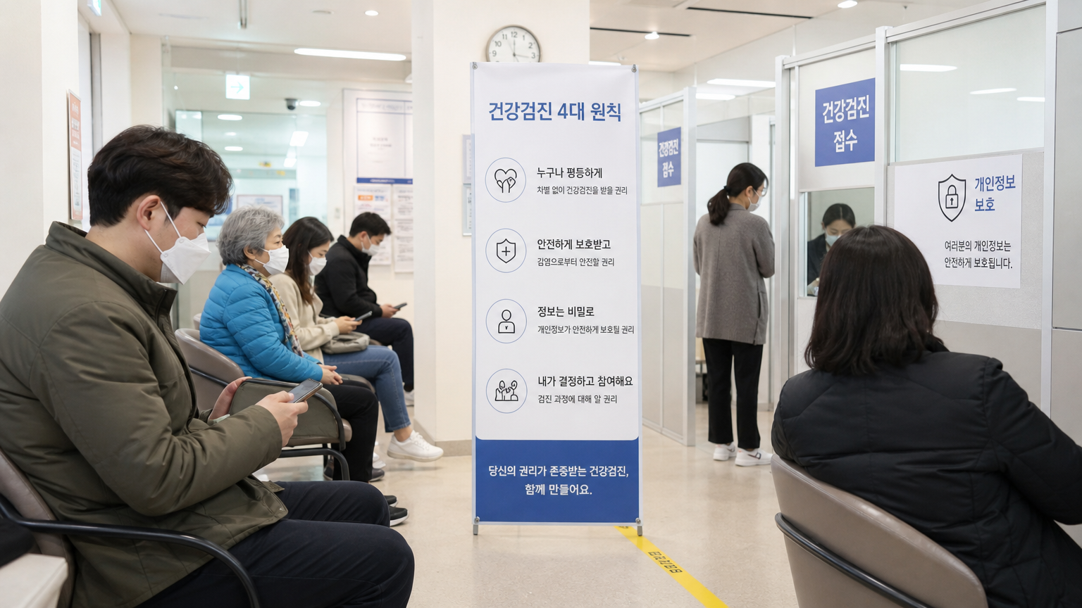 병원에서 검사 대기 중인 다양한 사람들, 인권과 프라이버시 강조