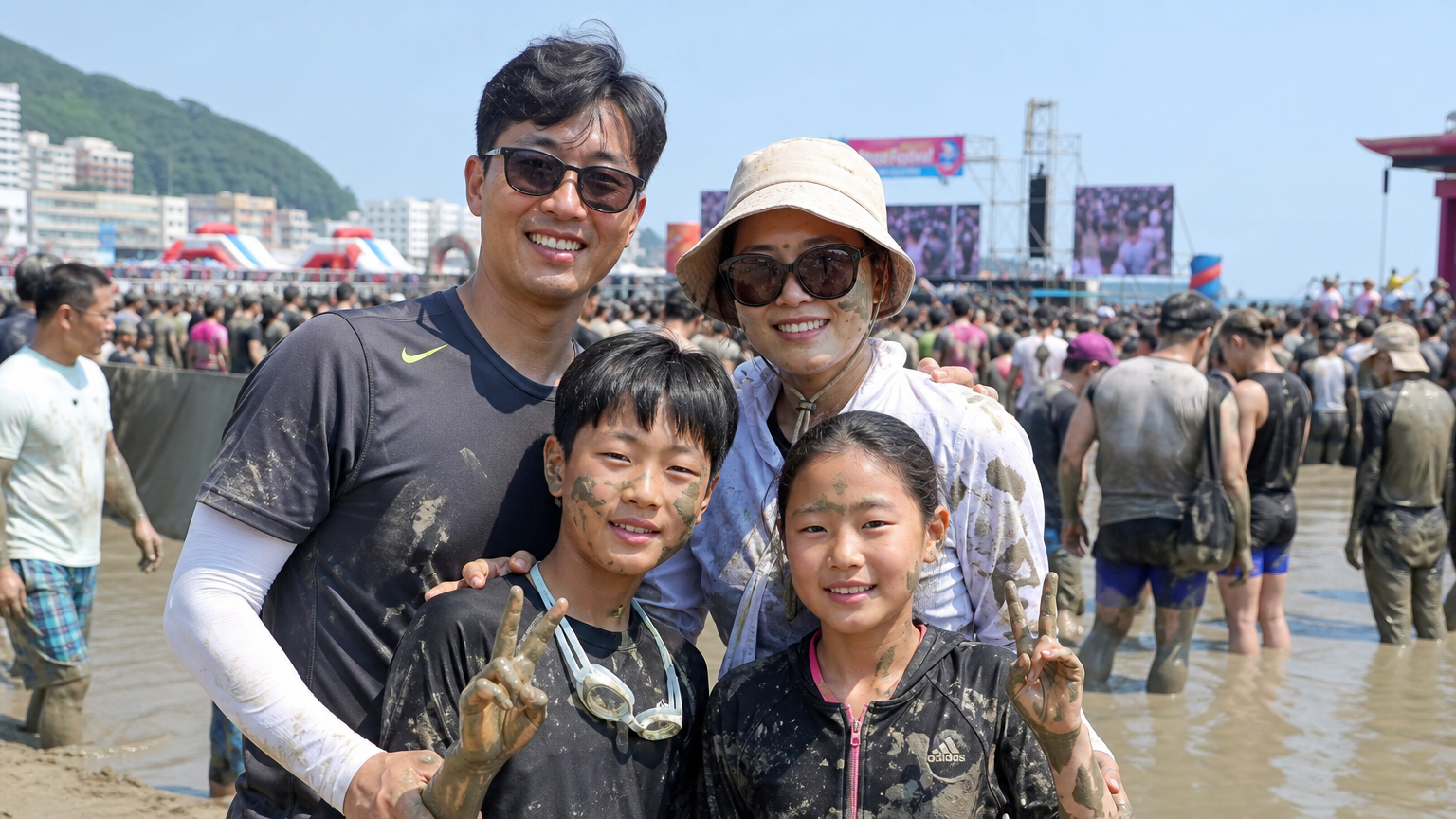 한가족이 해변 축제에서 머드 체험을 즐기며 활기찬 분위기를 느끼고 있는 모습