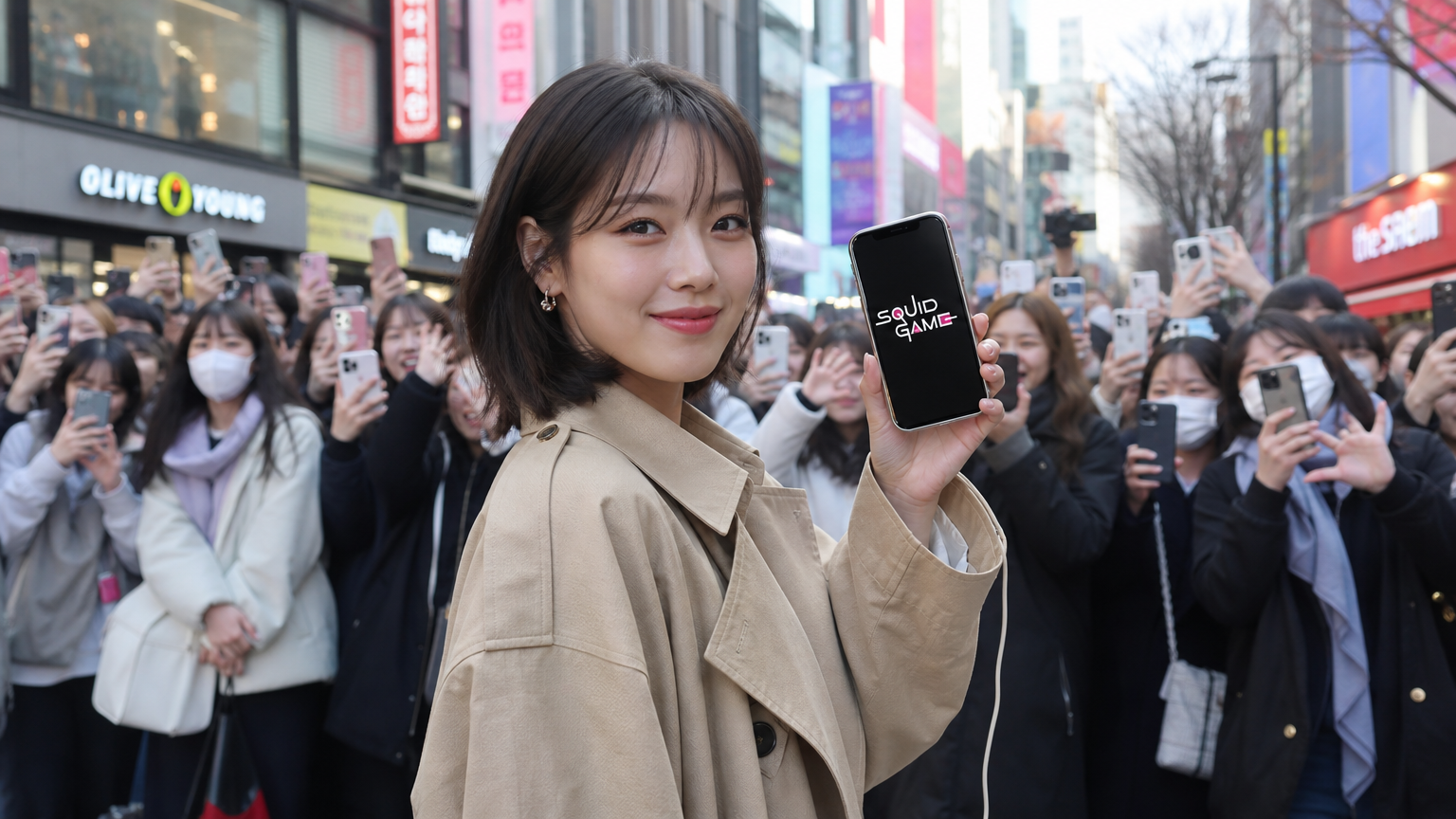 서울 거리에서 팬들에게 둘러싸인 여배우가 '오징어 게임' 로고가 보이는 스마트폰을 들고 있는 모습