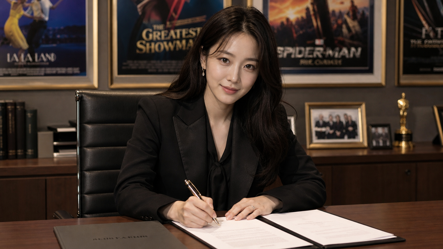 사무실 책상 앞에서 헐리우드 영화 포스터를 배경으로 계약서에 서명하는 여배우