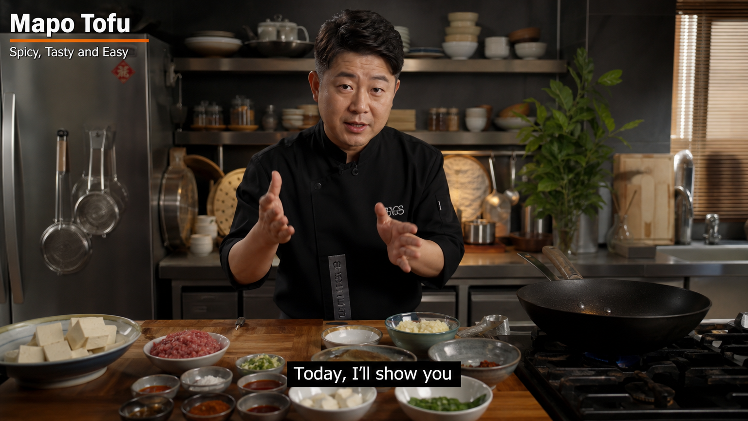 한국 셰프가 스튜디오 주방에서 카메라 앞에서 생동감 있게 빠른 마파두부 레시피를 선보이는 장면