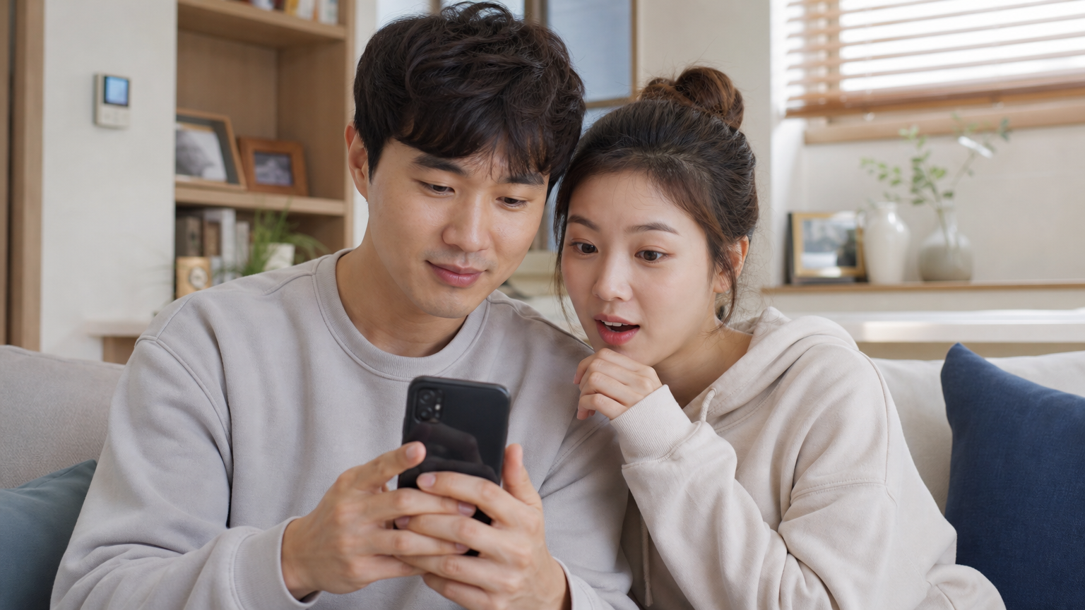 현대적인 커플이 집에서 휴대폰 앱으로 영화 티켓 패키지를 검색하는 모습