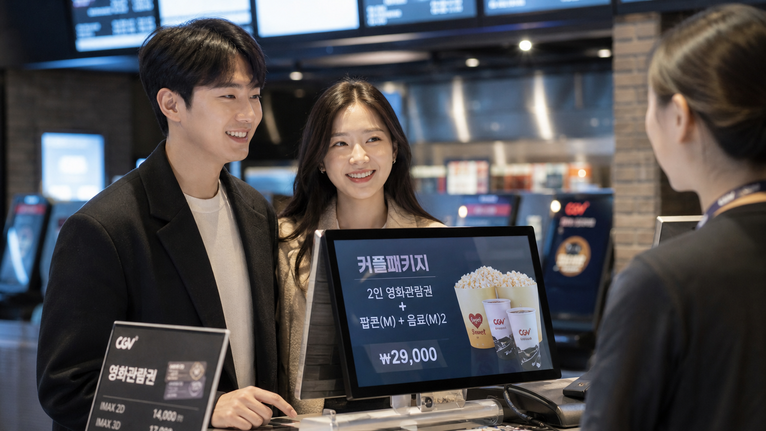 극장 매표소에서 커플이 데이트를 위해 2인 티켓 패키지를 구매하는 모습