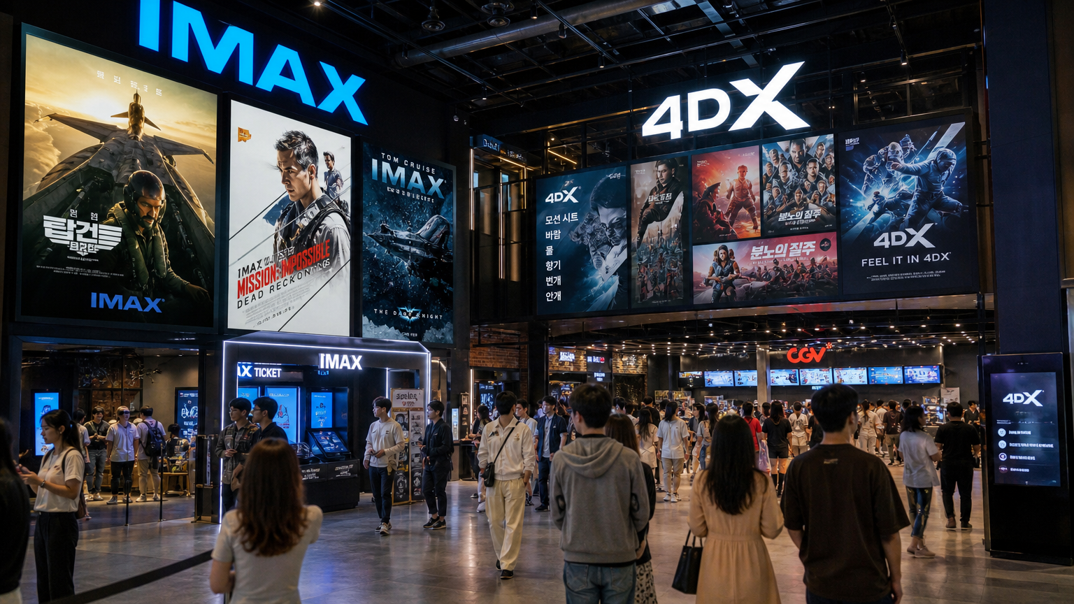 한국의 미래적인 영화관 로비에서 IMAX와 4DX 포스터를 감상하며 프리미엄 옵션을 탐색하는 관객들