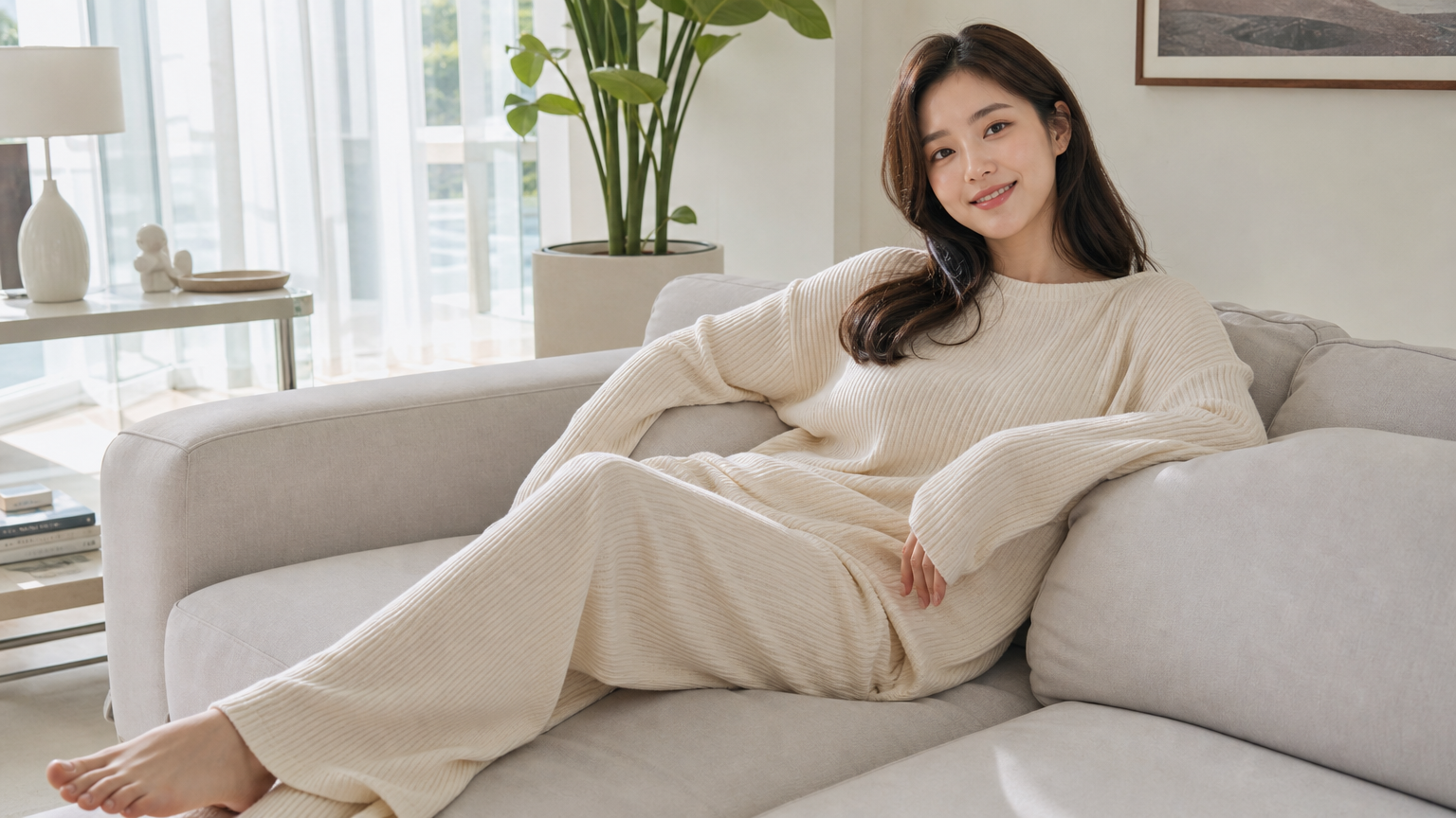 현대적인 인테리어의 거실에서 편안하게 홈웨어를 입은 여성