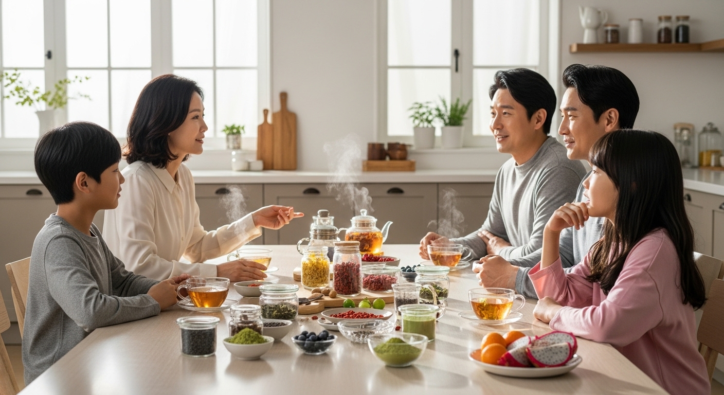 다양한 약초와 슈퍼푸드를 테이블에 놓고 건강한 생활 방식을 논의하는 가족 모습