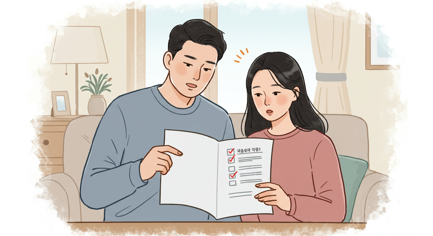연금 크레딧 신청 과정에서 실수를 피하기 위해 체크리스트를 검토하는 한국 커플
