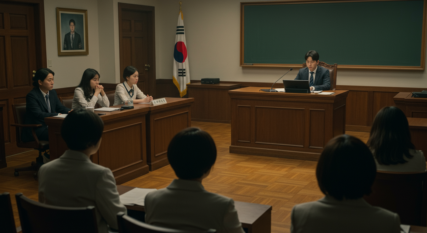 학생들과 보호자가 출석한 가운데 학교 폭력 사안에 대한 심의를 진행하는 법정 스타일 장면