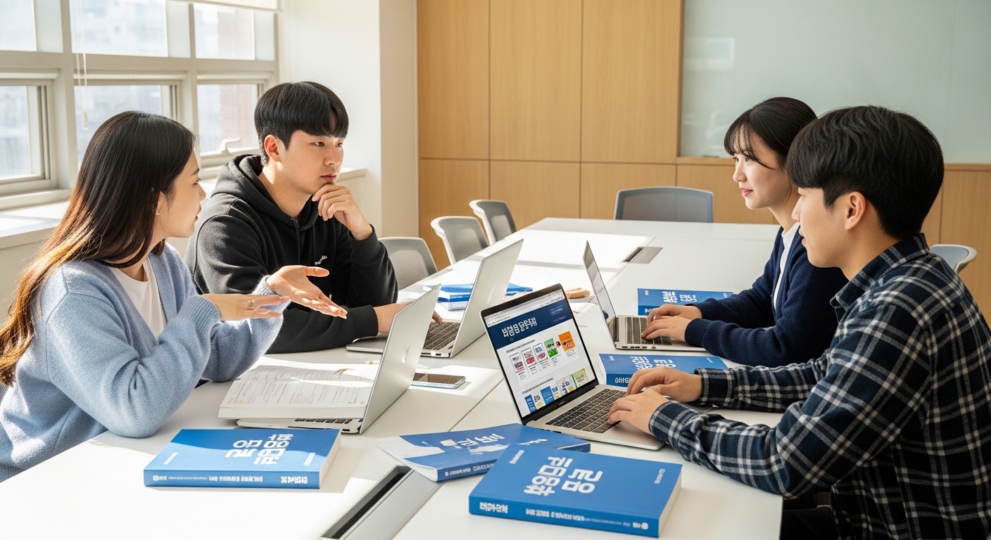 현대적인 교실에서 노트북과 교재를 펼쳐놓고 박문각의 할인 프로그램에 대해 논의하는 학생들