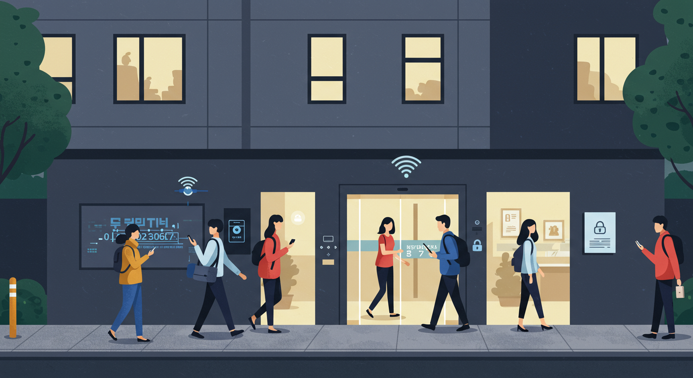 스마트폰으로 전기요금을 확인하는 현대적인 한국의 원룸 건물 외관