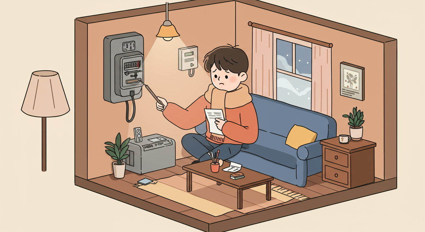 겨울철 원룸에서 에너지 사용을 신경쓰는 젊은 거주자