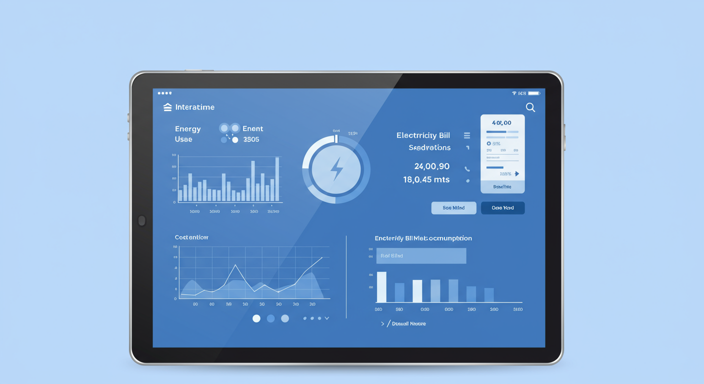 태블릿 화면에 실시간 전기사용량과 청구 세부사항을 보여주는 인터랙티브 대시보드