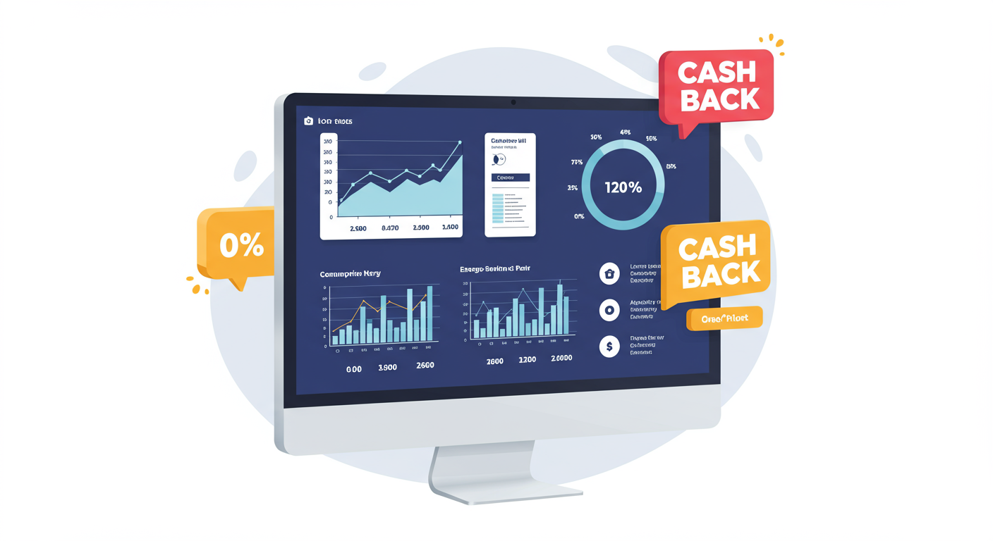 과거 요금을 비교하는 그래프와 캐시백 알림이 뜬 컴퓨터 화면