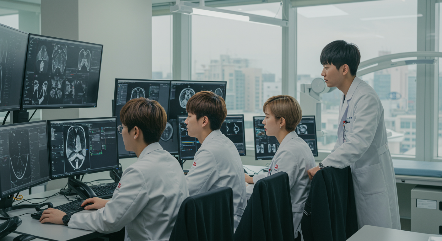 한국 방사선 전문의 팀이 여러 화면에서 의료 영상을 분석하는 AI 시스템과 함께 일하는 장면