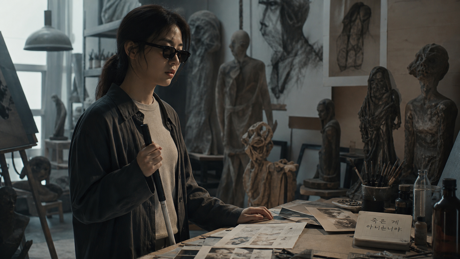 미술 작업실에서 단서를 찾고 있는 시각장애 여성의 모습