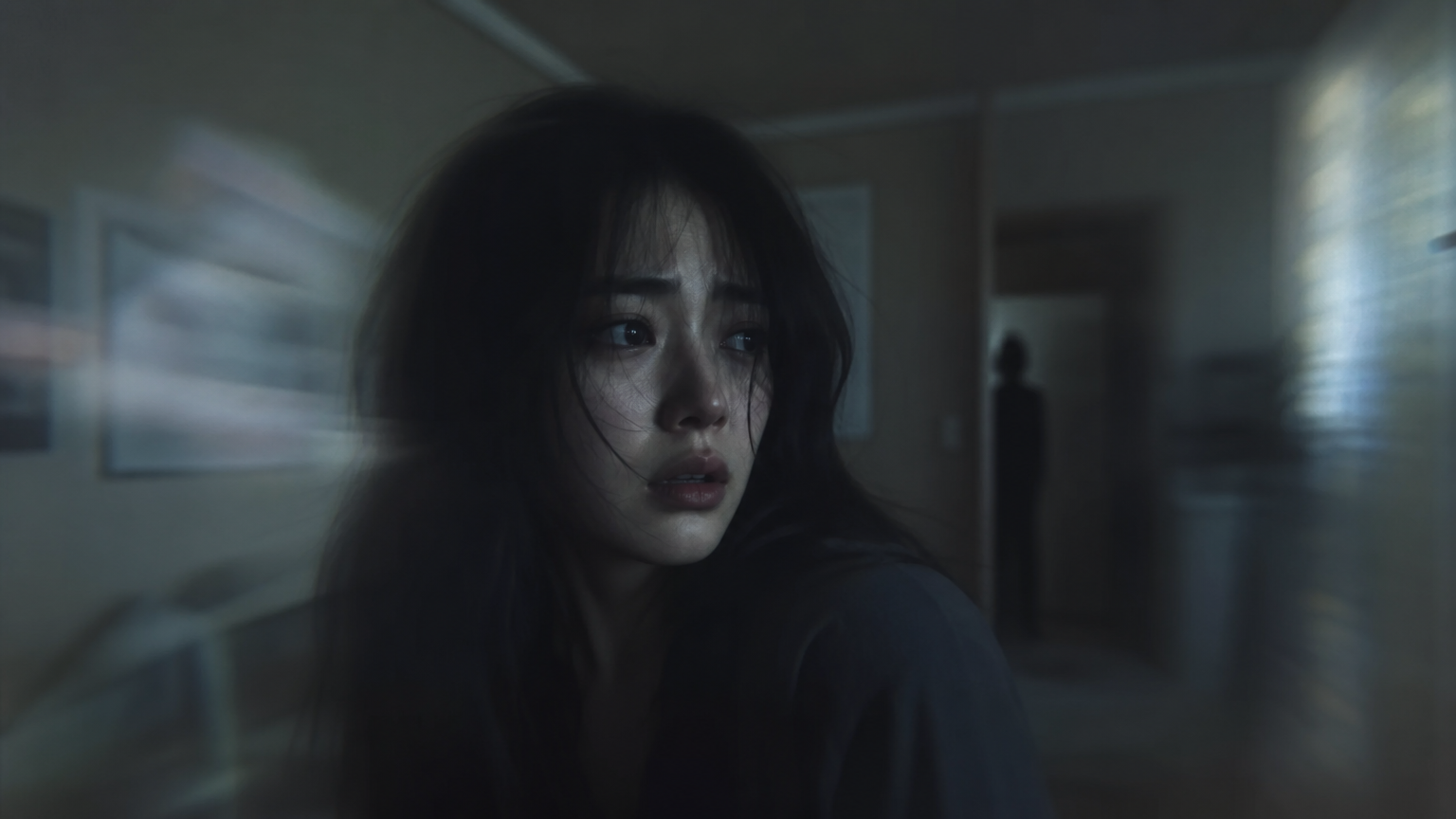 어두운 방에서 흐릿한 시야로 위협을 느끼는 여성의 긴장감 넘치는 장면