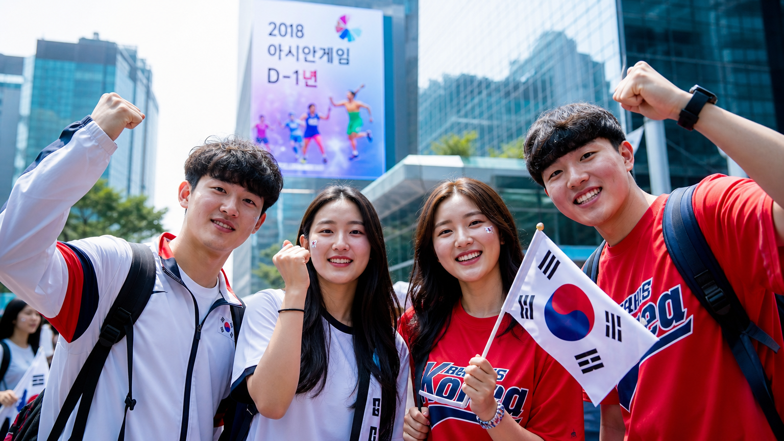 현대적인 한국인 스포츠 팬들이 다가오는 아시안 게임을 기대하며 활기찬 도시에서 준비하는 모습