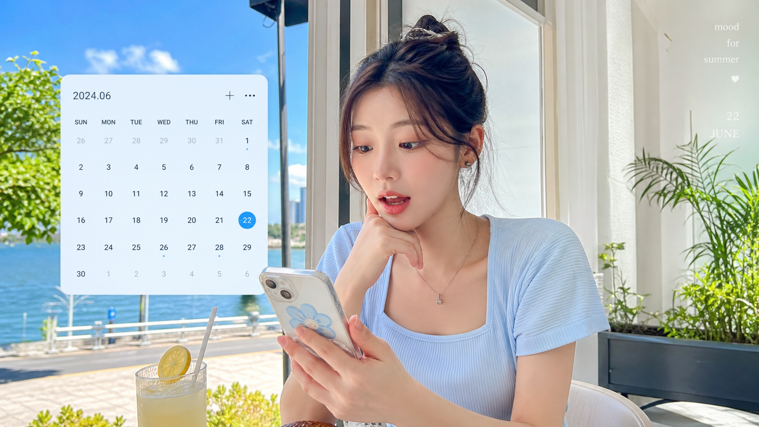 현대적 한국 여성이 스마트폰으로 달력을 보는 모습