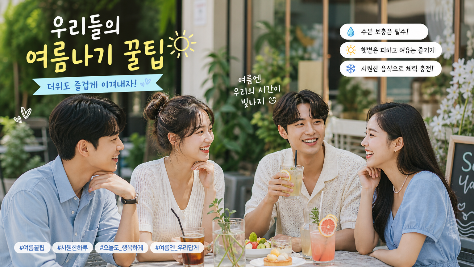 야외 카페에서 여름 대처법을 이야기하는 다양한 한국 사람들