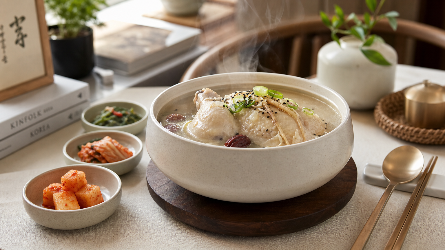 현대적 한국 가정에서 정갈하게 차려진 삼계탕