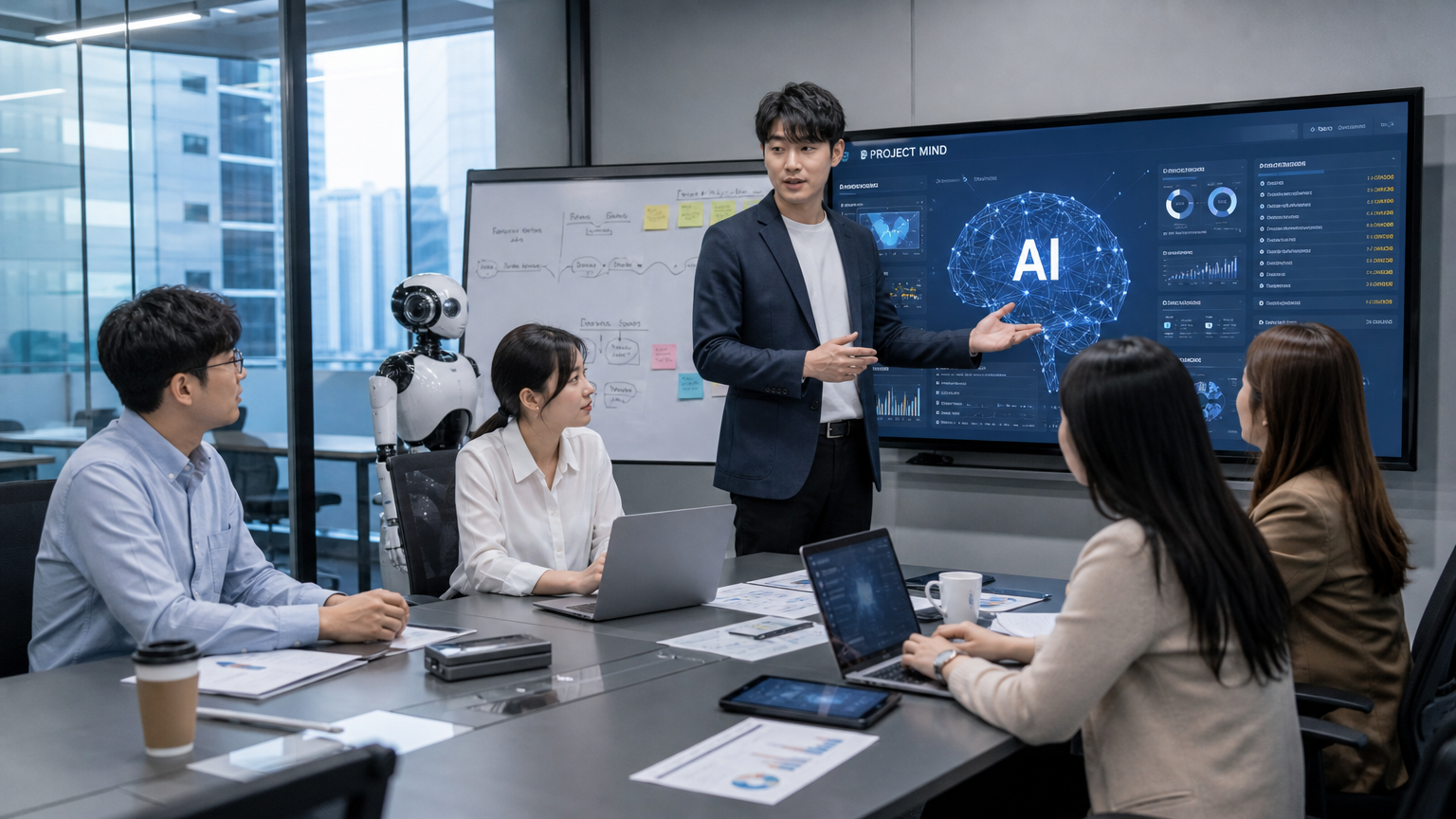 현대적인 한국 사무실에서 팀이 AI 전략을 논의하는 모습