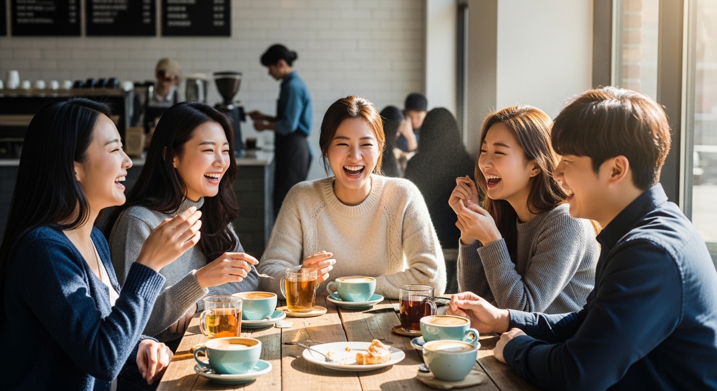 커피숍에서 다양한 나이 계산법을 이야기하며 웃고 있는 친구들