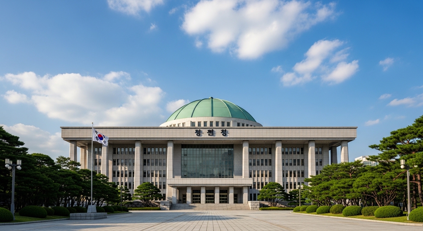 맑은 하늘 아래 한국 정부 건물의 외관