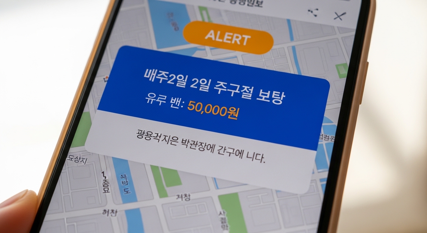 요일제를 위반했을 때의 과태료 알림 화면을 스마트폰으로 확인하는 모습