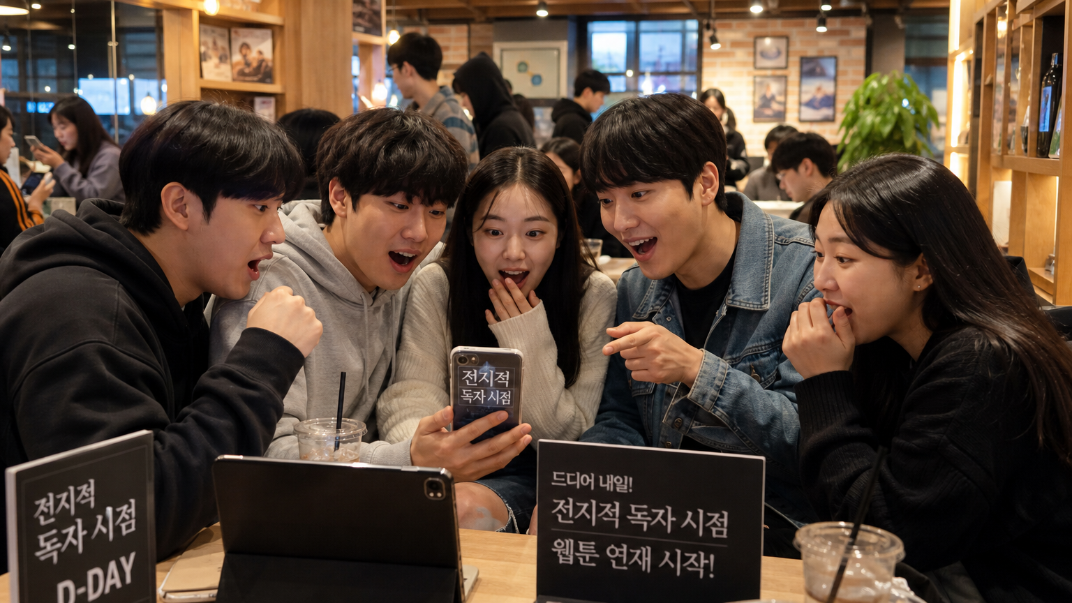 한국 팬들이 카페에서 모여 웹툰 발표를 기다리는 모습