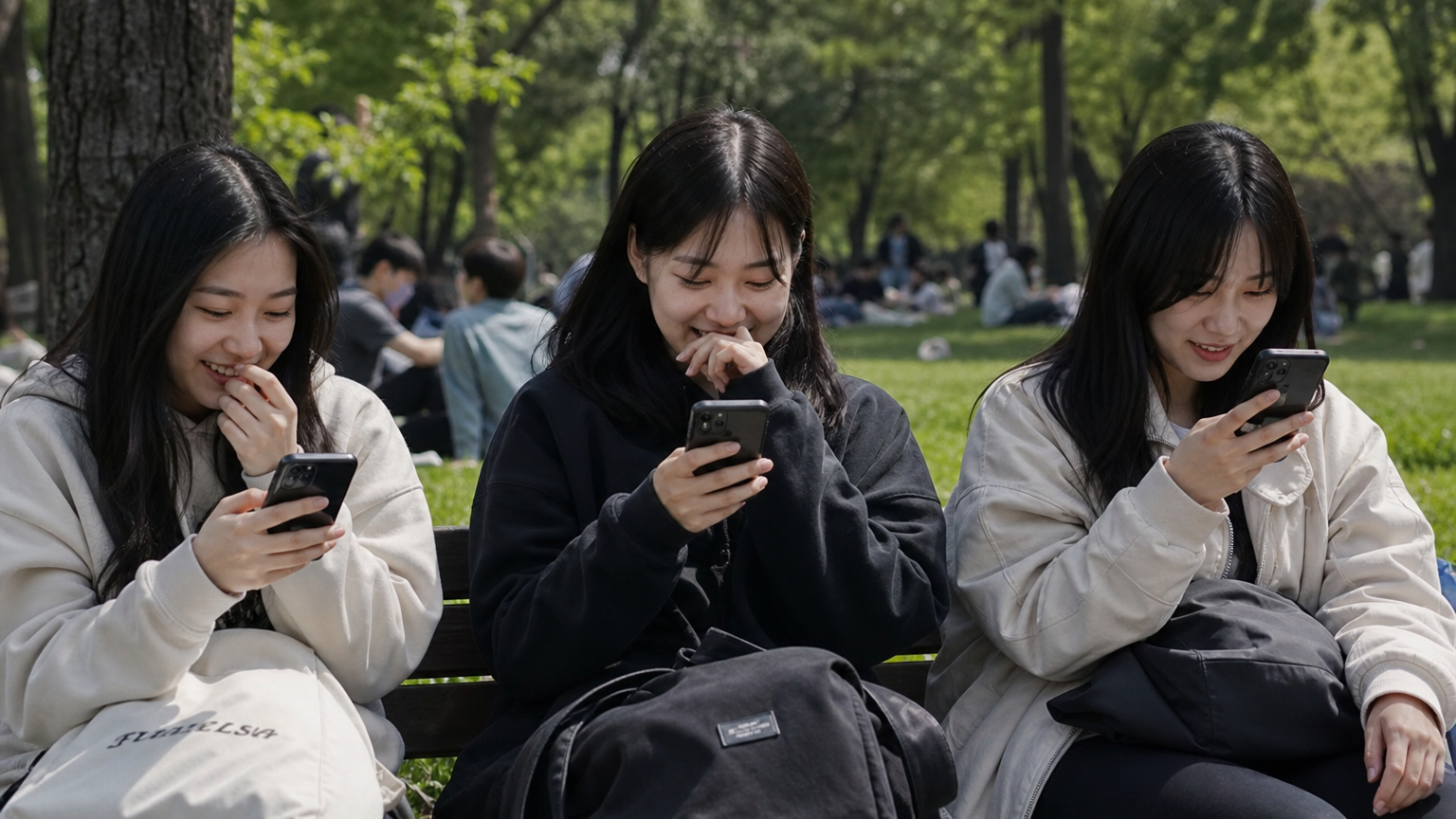 팬들이 공원에서 스마트폰으로 웹툰 업데이트를 확인하며 설레는 모습