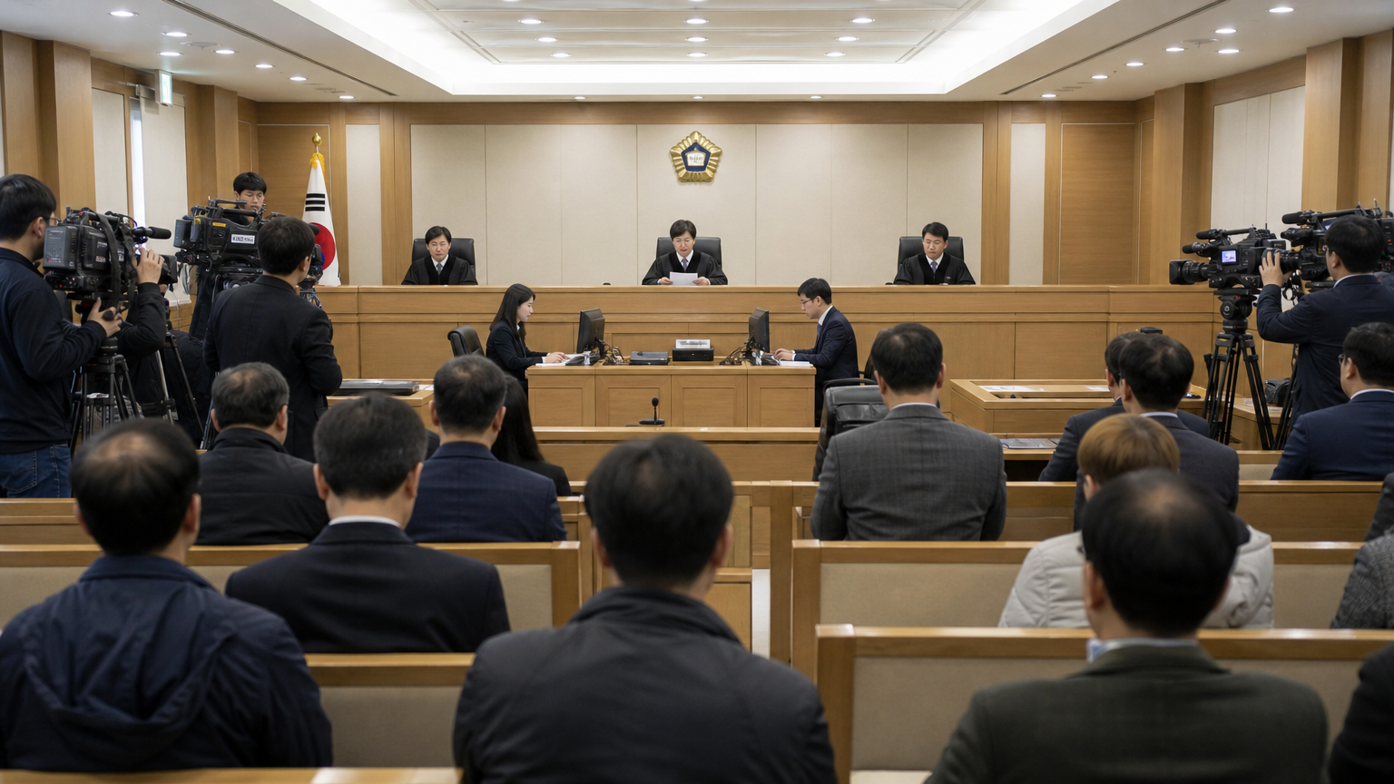 현대적인 한국 법정에서 판사가 판결을 내리는 모습, 진지한 분위기의 방청객과 언론