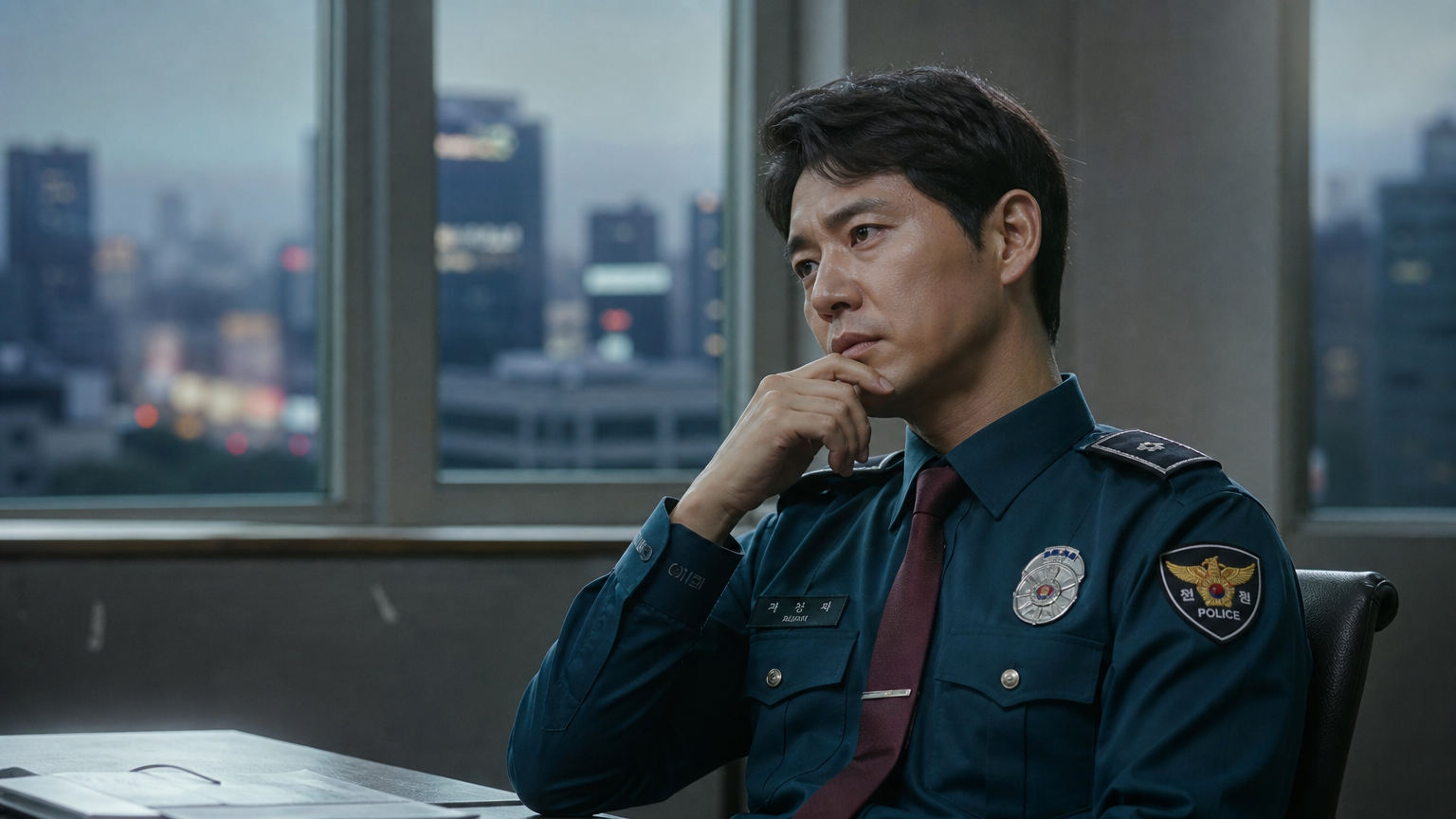 도시 배경 창문 너머로 보이는 풍경과 함께 재판 결과를 반성하는 한국 경찰관의 모습