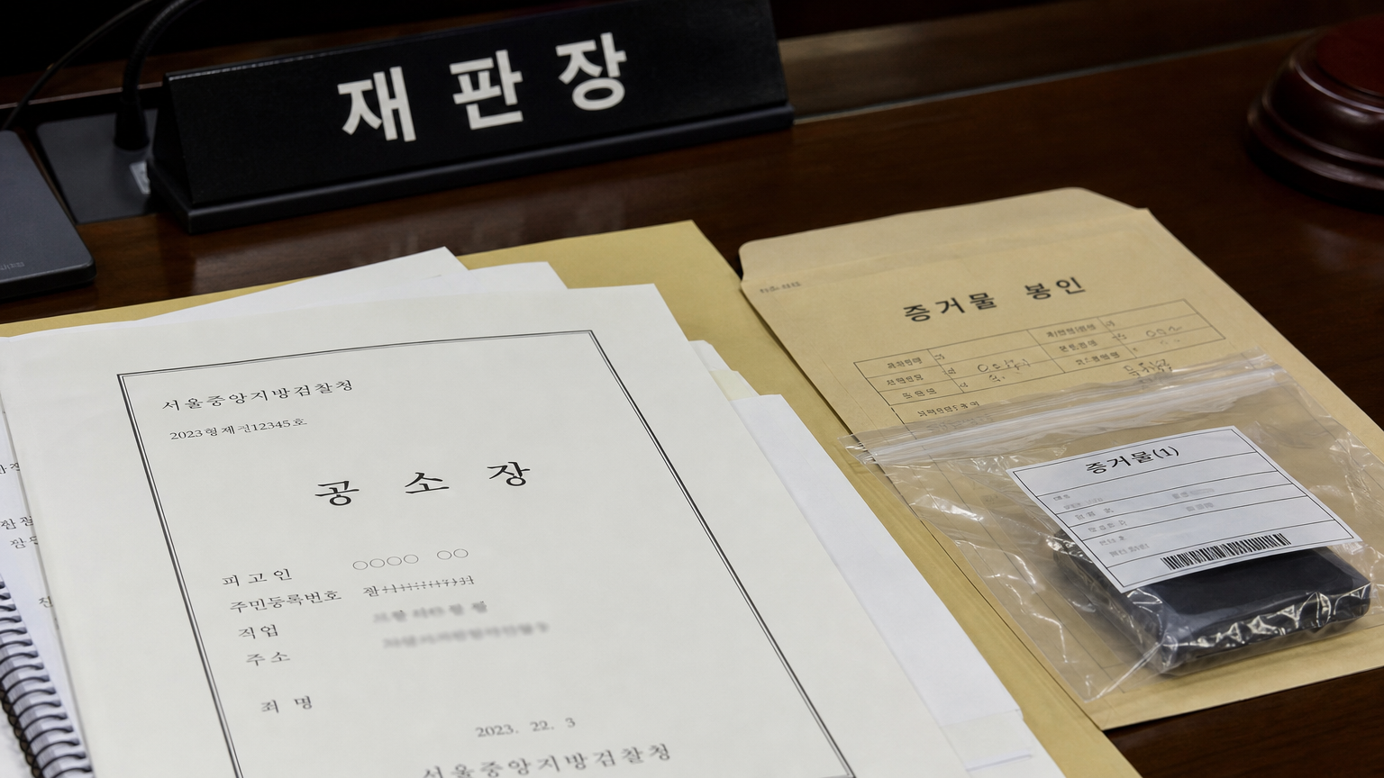 집중 조명 아래 놓인 한국 법정 내 판사의 책상 위 증거 자료와 법률 문서들