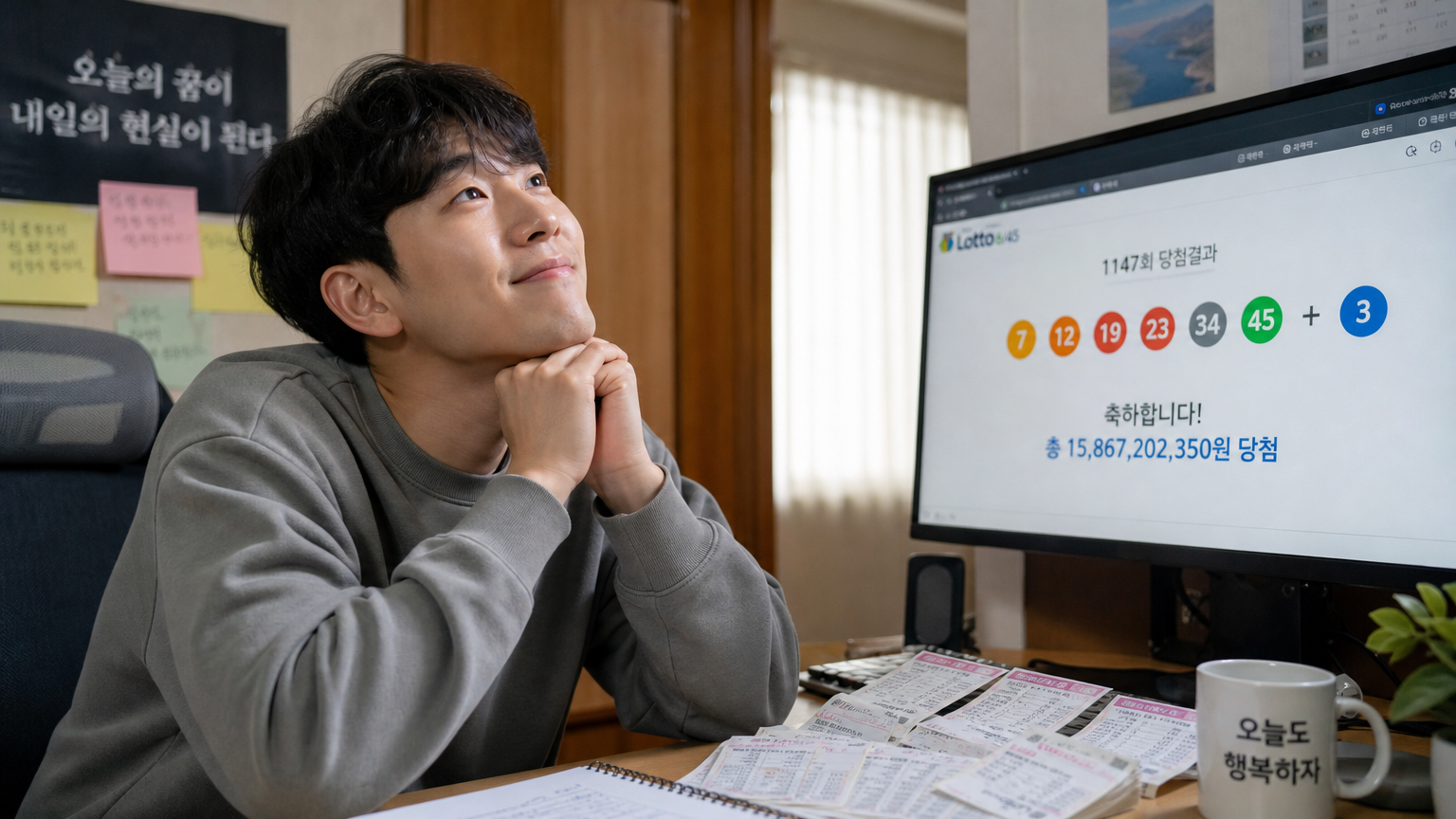 젊은 남성이 책상에 앉아 로또 당첨을 상상하는 모습