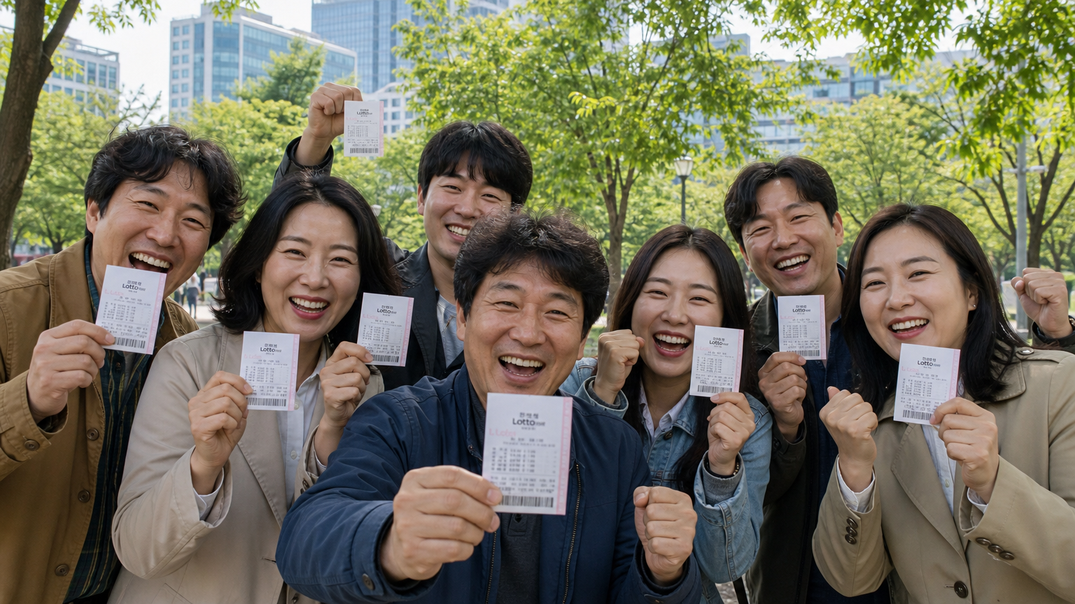 일곱 명의 성인이 공원에서 로또 당첨을 축하하는 모습