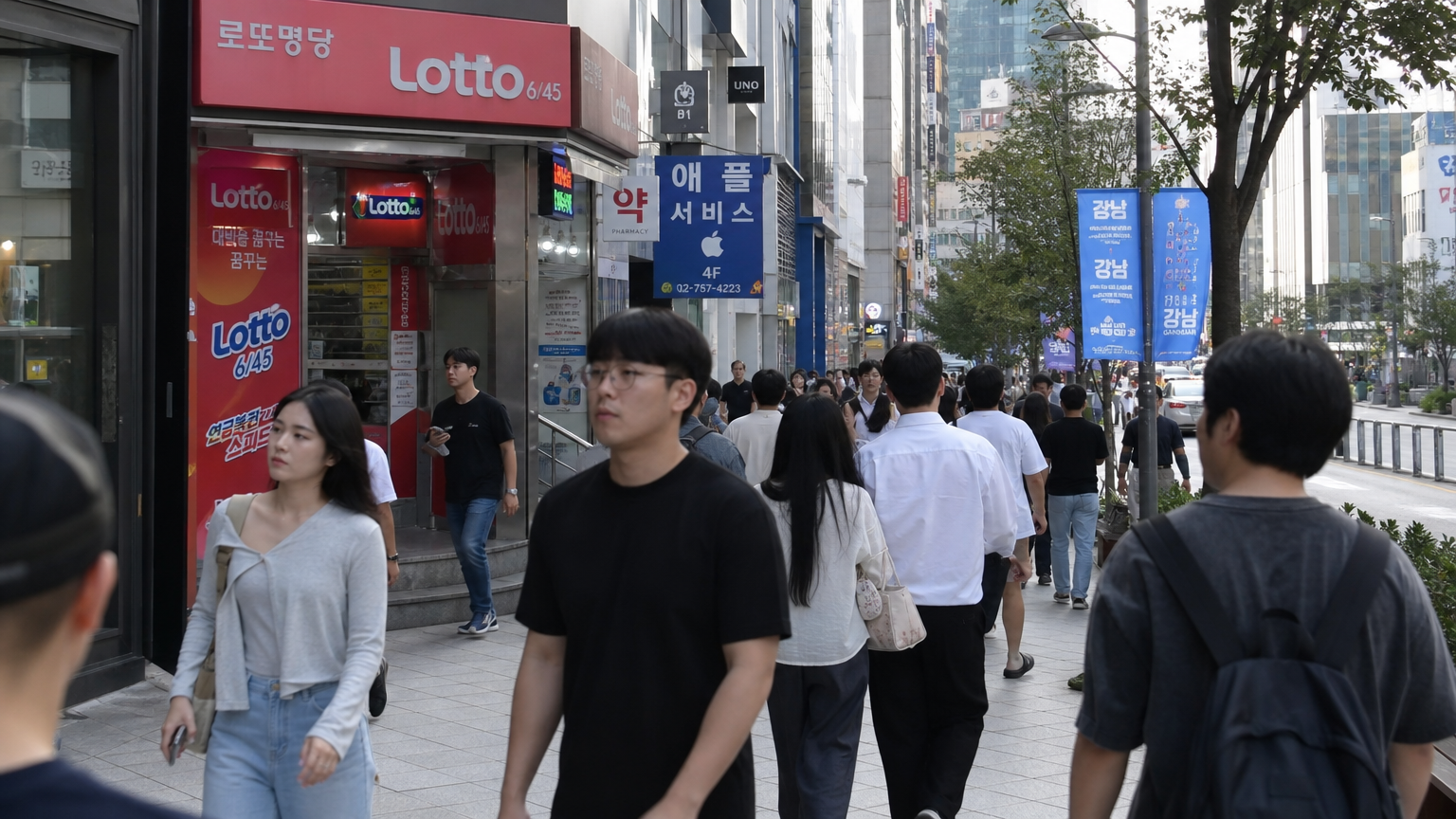 서울 강남구 거리에서 사람들이 지나가는 모습과 복권 판매점 간판