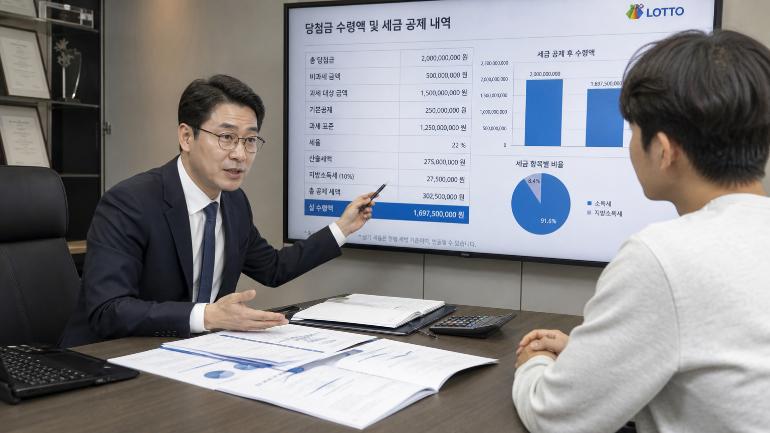 재정 전문가가 사무실에서 복권 당첨자에게 세금 공제를 설명하는 장면