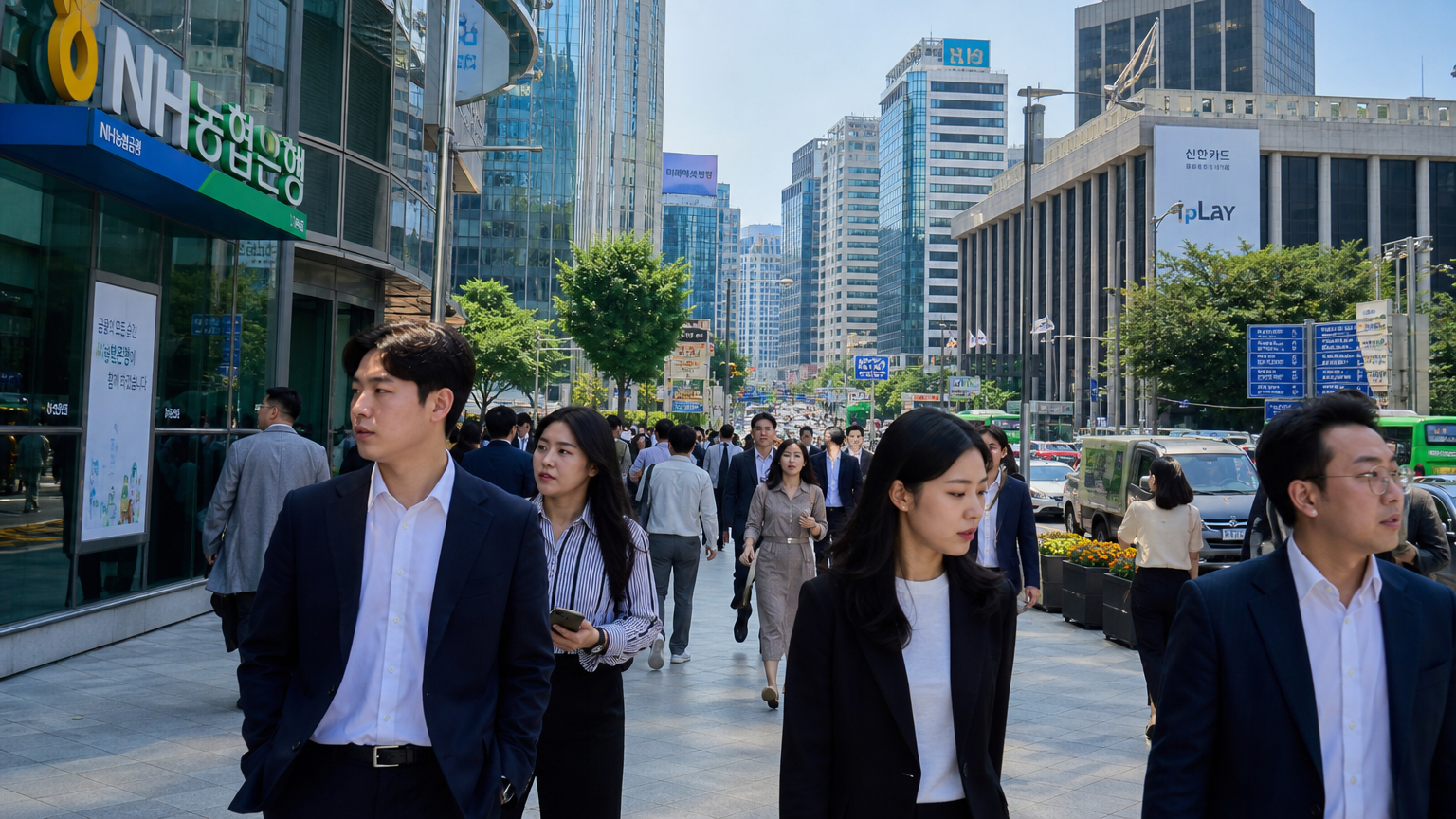 은행과 정부 건물 주변을 걷고 있는 젊은 직장인들의 분주한 도시 풍경