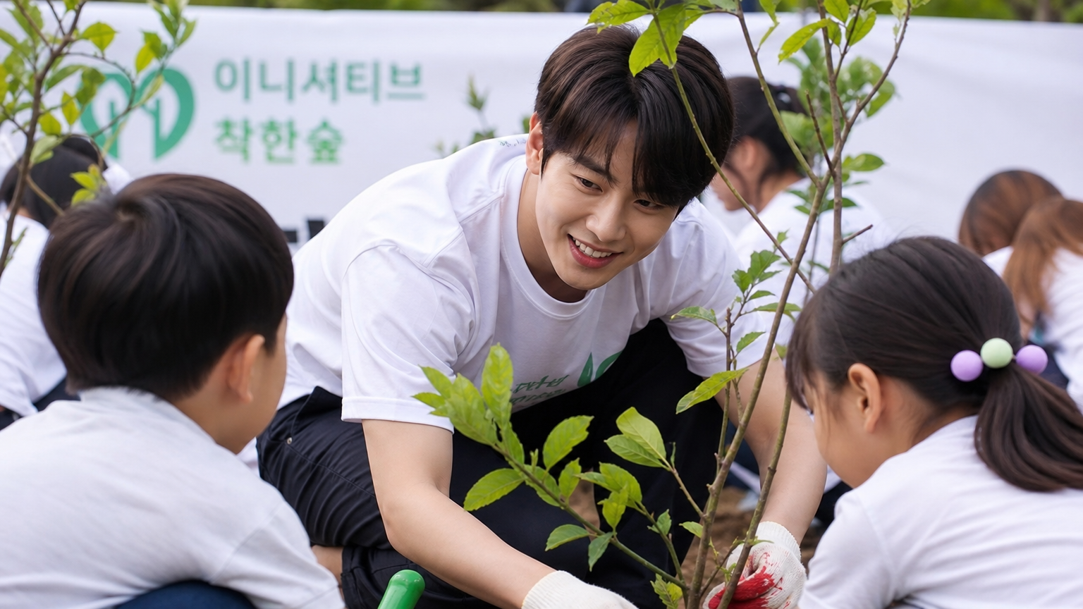 환경 캠페인 행사에서 아이들과 나무 심기에 참여하는 한국 연예인의 모습