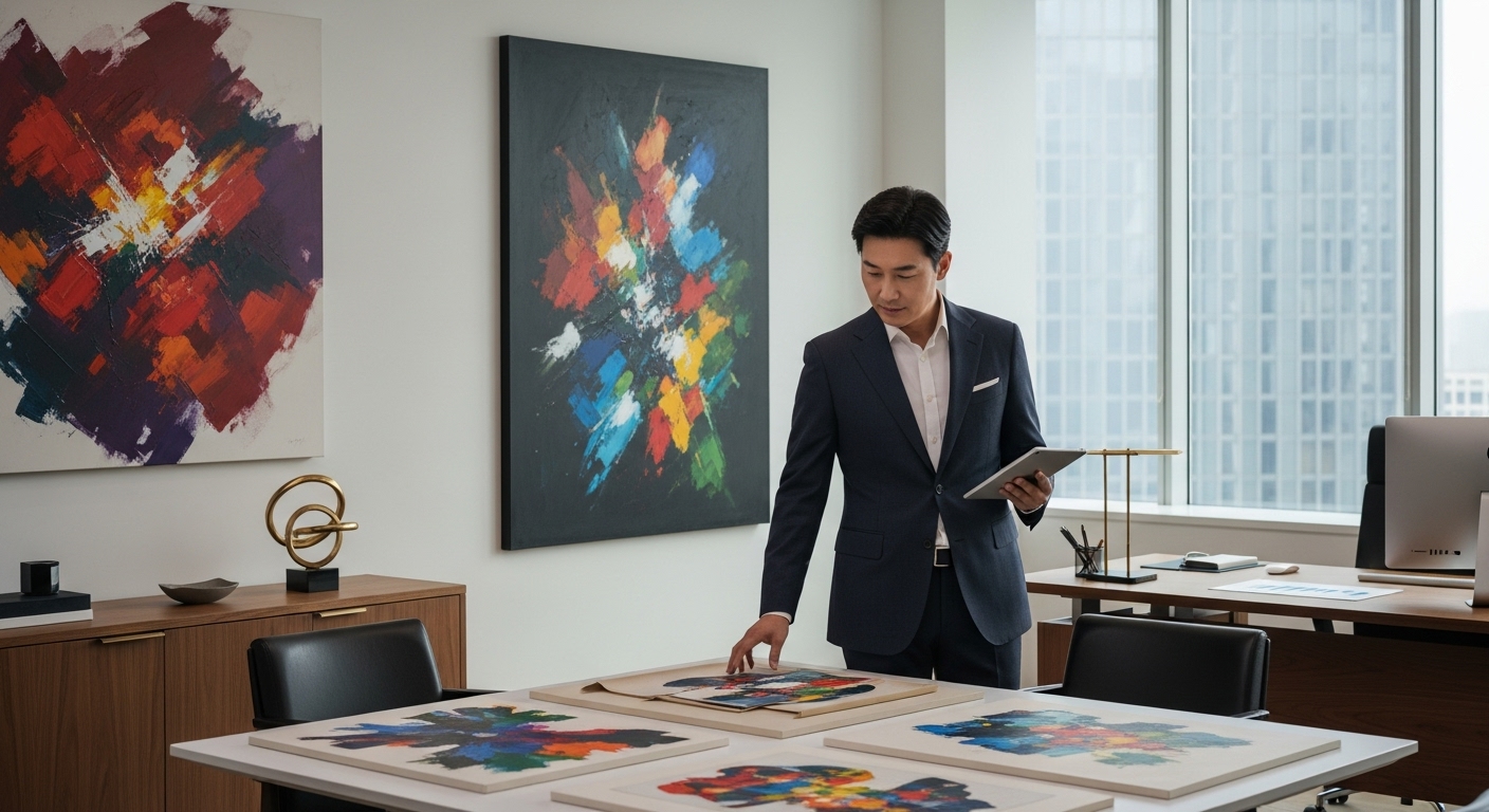현대적 사무실에서 추상화를 살펴보는 한국 비즈니스맨의 모습, 부의 관리와 전략적 자산 배분 강조