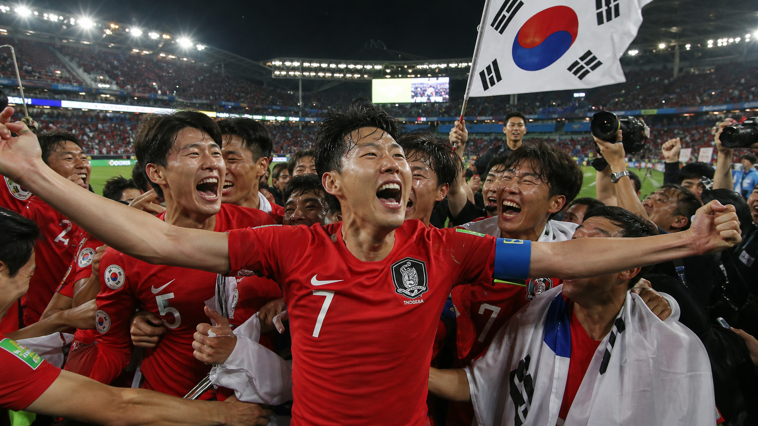 한국 축구팀이 체코를 상대로 한 월드컵 경기에서 드라마틱한 승리를 기뻐하는 모습