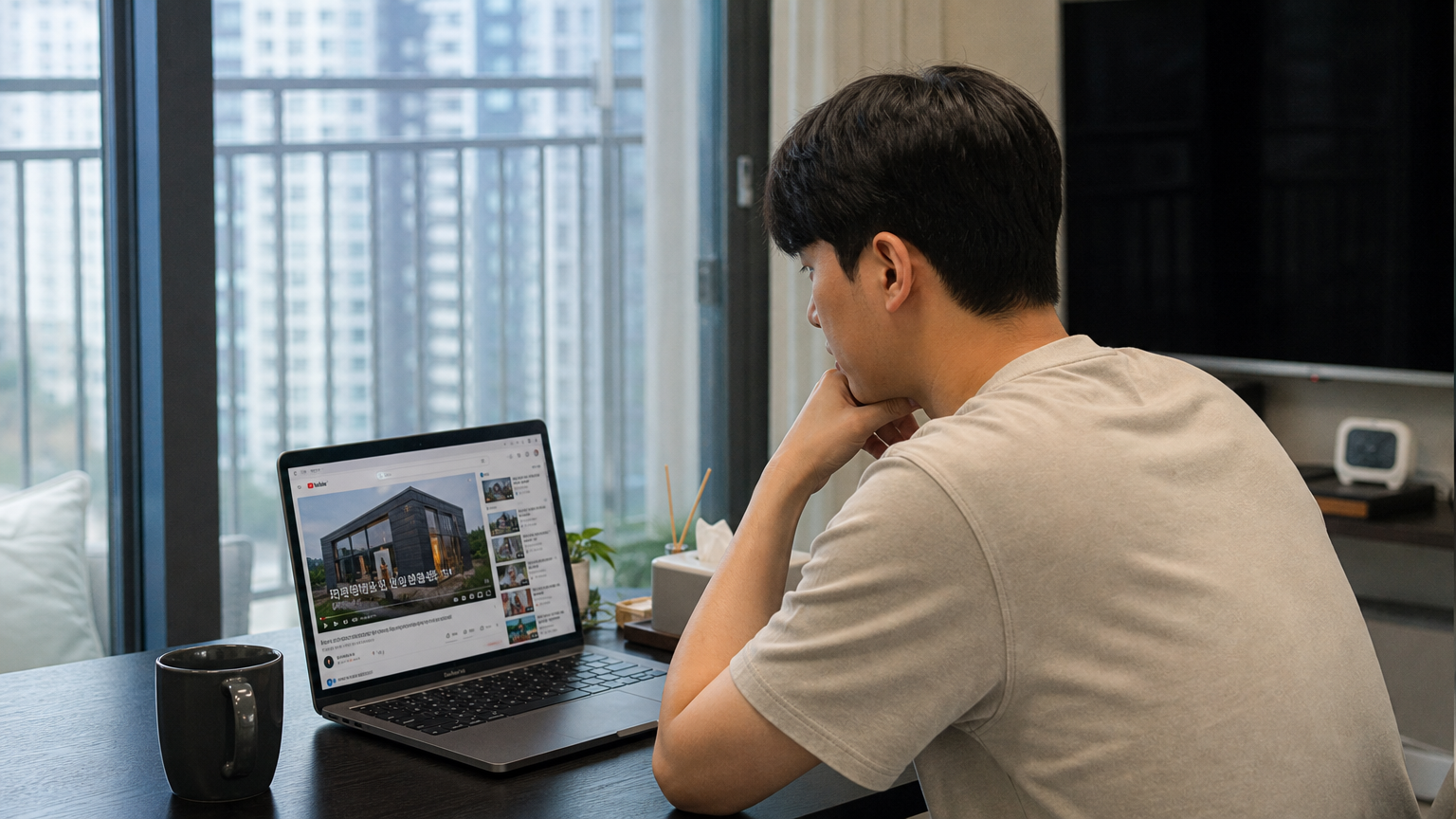 한국 남성이 노트북으로 유튜브를 통해 모듈러 주택 셀프 시공 영상을 보고 있는 모습