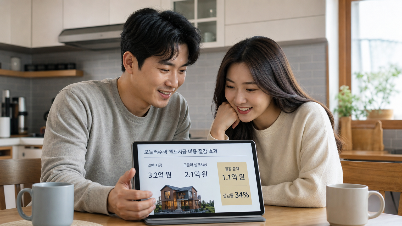 부부가 테이블에서 태블릿으로 모듈러 자가 건축 비용 절감을 검토하는 모습