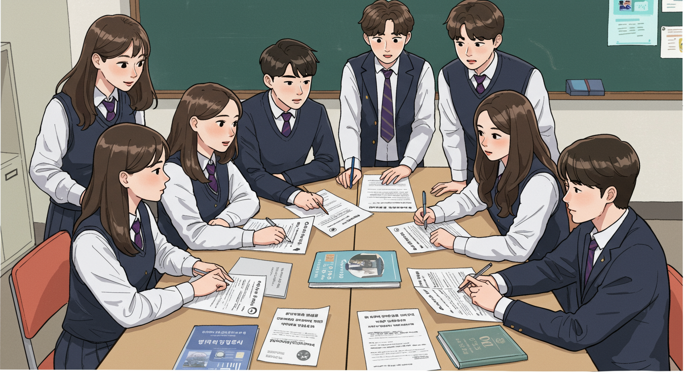 고등학생들이 진로 상담하며 책상에 놓인 자격증과 지원 계획서를 논의하는 모습