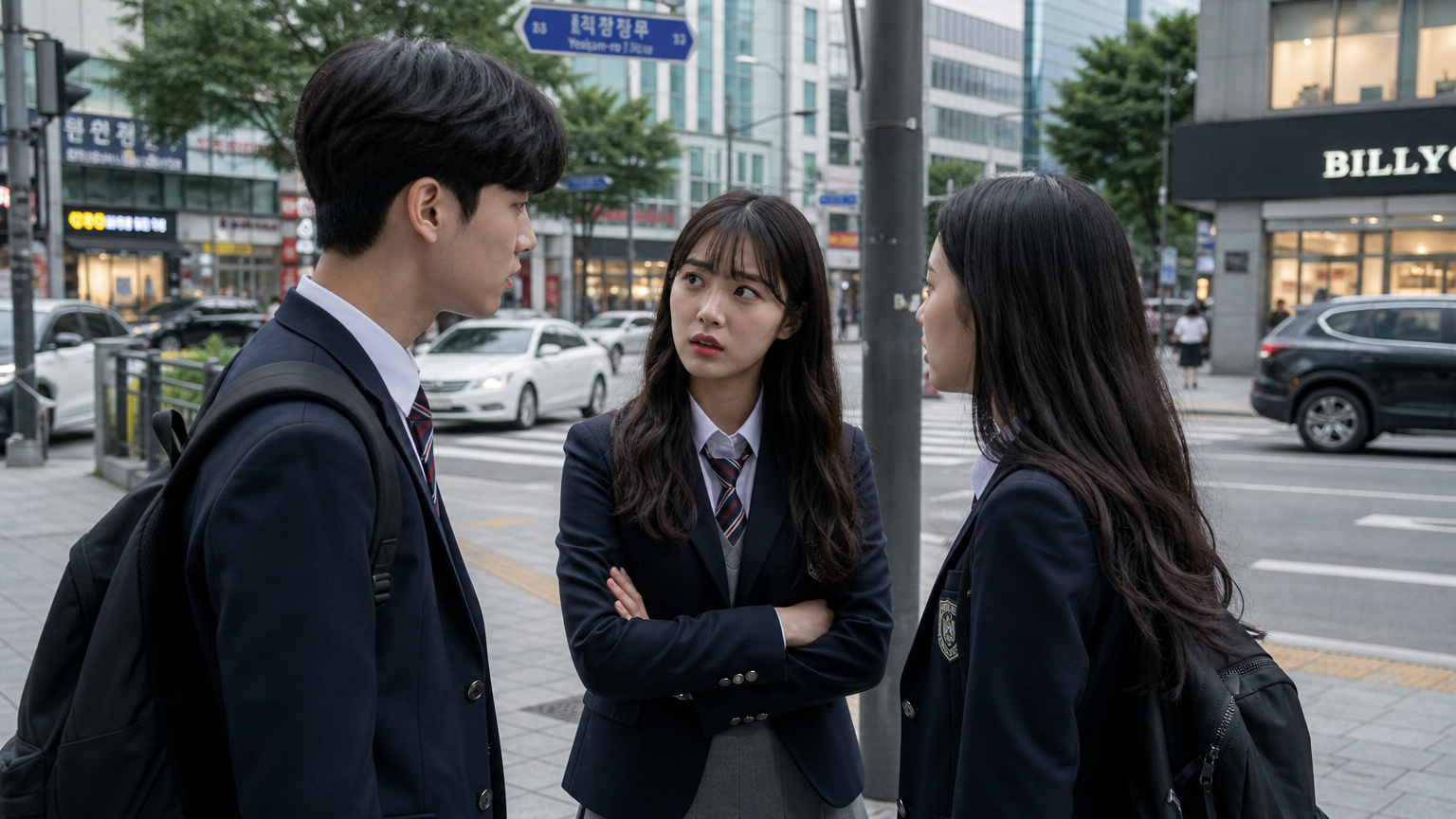 교복을 입은 한국 청소년들이 도심 거리 모퉁이에서 진지하게 대화하는 모습