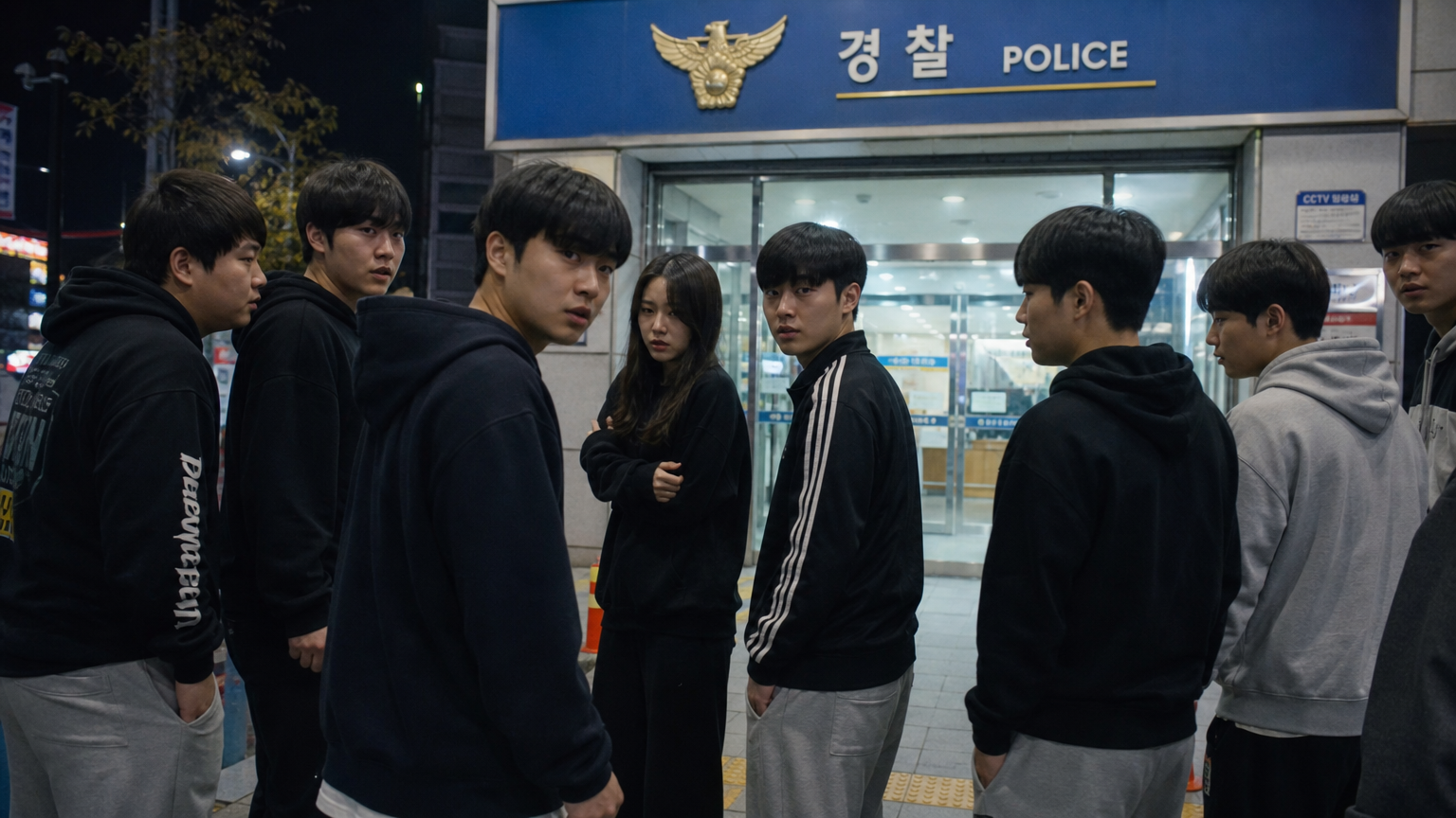 밤에 경찰서 앞에 모여 있는 평상복 차림의 한국 청소년들